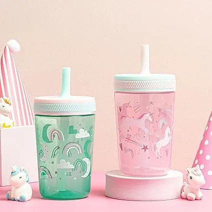 15oz Toddler Cups, 2-Pack | Durable Leak-Proof Sippy Cups with Silicone Straws (Fanciful Unicorn & Happy Skies)