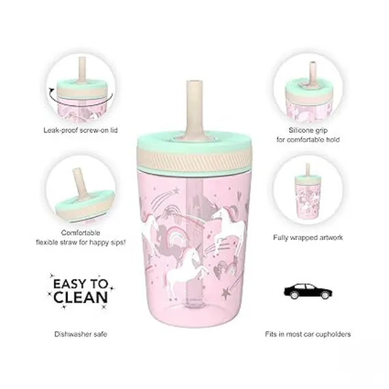 15oz Toddler Cups, 2-Pack | Durable Leak-Proof Sippy Cups with Silicone Straws (Fanciful Unicorn & Happy Skies)
