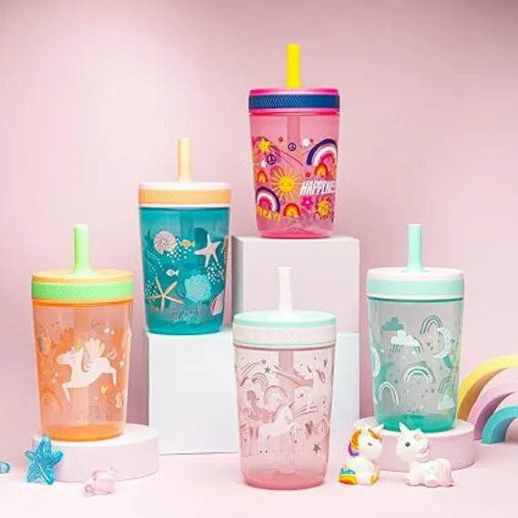 15oz Toddler Cups, 2-Pack | Durable Leak-Proof Sippy Cups with Silicone Straws (Fanciful Unicorn & Happy Skies)