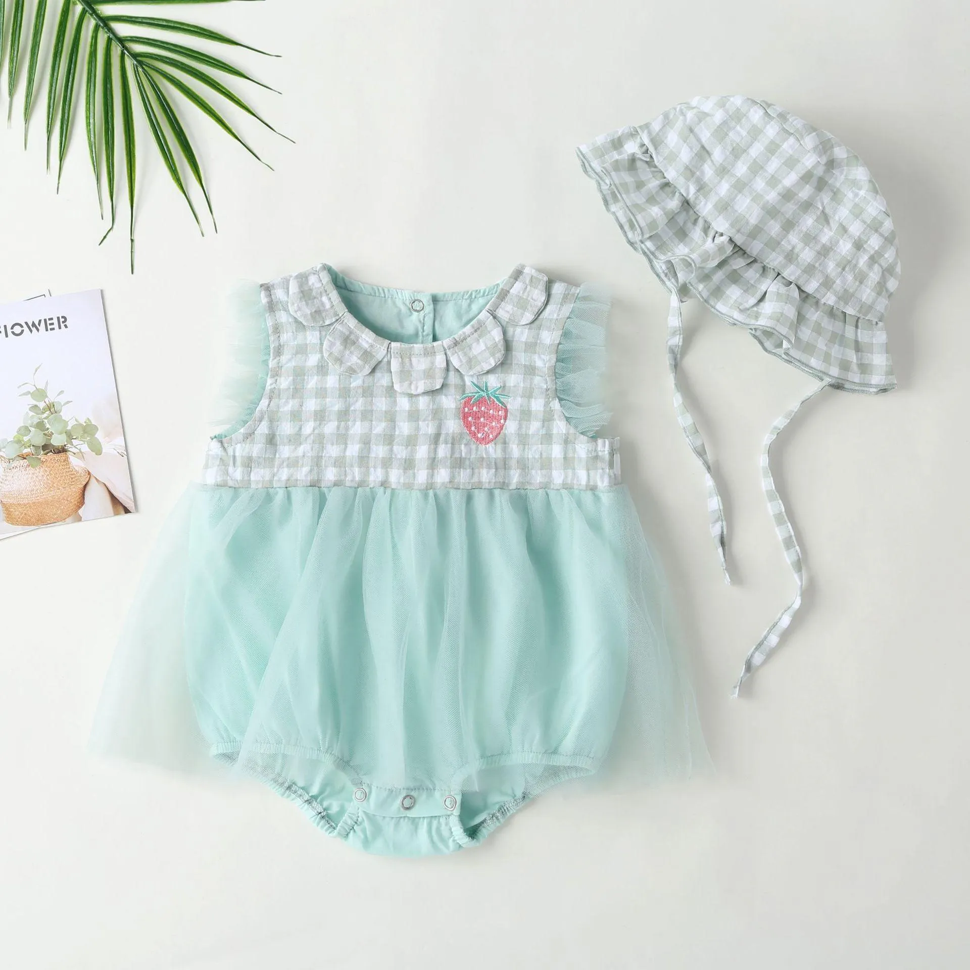 2-9M Kid Fashion Ready Stock Plaid Summer Sleeveless Splice Gauze Romper Dress With Hat 2Pcs Catpapa ZX-ZB032