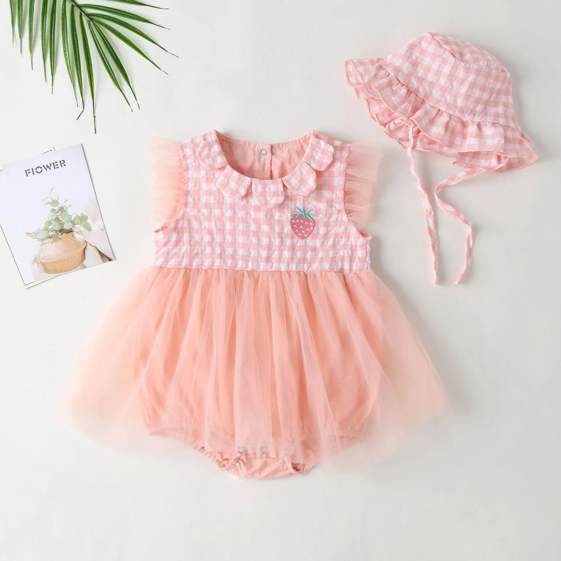 2-9M Kid Fashion Ready Stock Plaid Summer Sleeveless Splice Gauze Romper Dress With Hat 2Pcs Catpapa ZX-ZB032