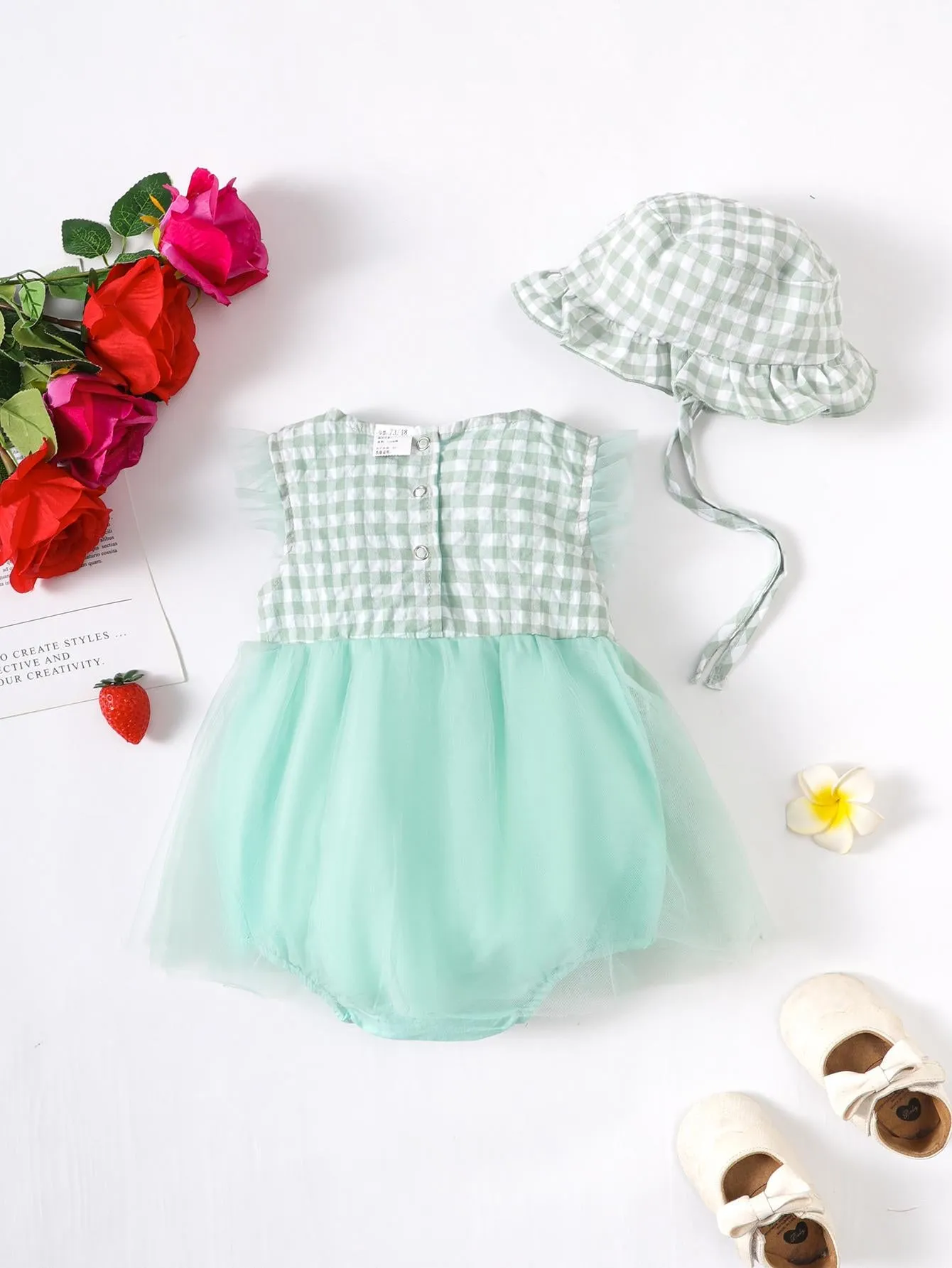 2-9M Kid Fashion Ready Stock Plaid Summer Sleeveless Splice Gauze Romper Dress With Hat 2Pcs Catpapa ZX-ZB032