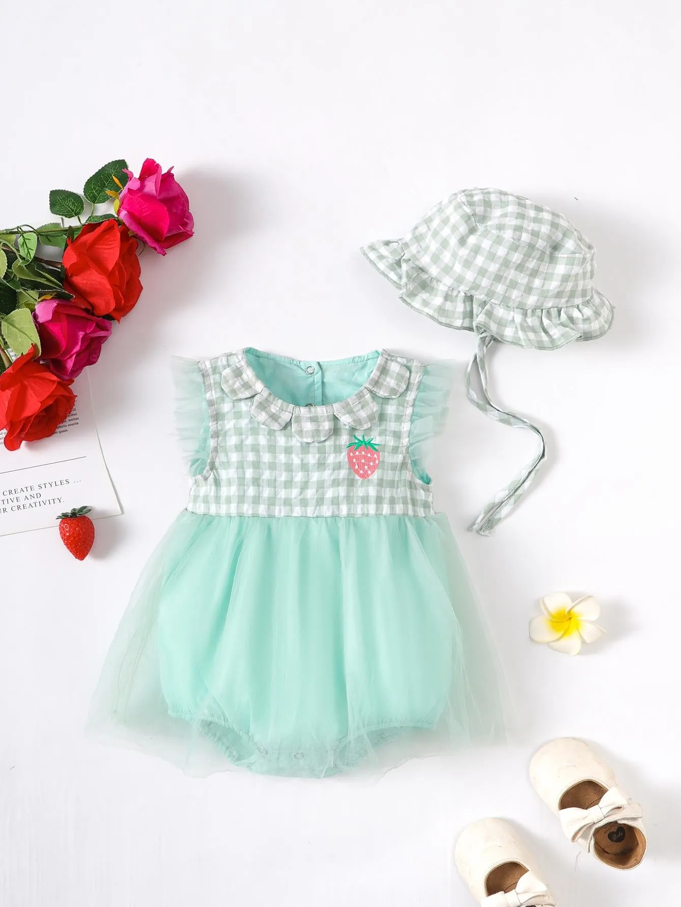 2-9M Kid Fashion Ready Stock Plaid Summer Sleeveless Splice Gauze Romper Dress With Hat 2Pcs Catpapa ZX-ZB032