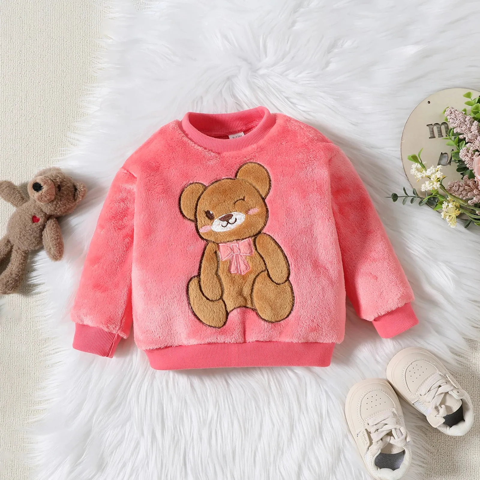 2PCS Baby Warm Coral Plush Teddy Bear Design Clothing Set