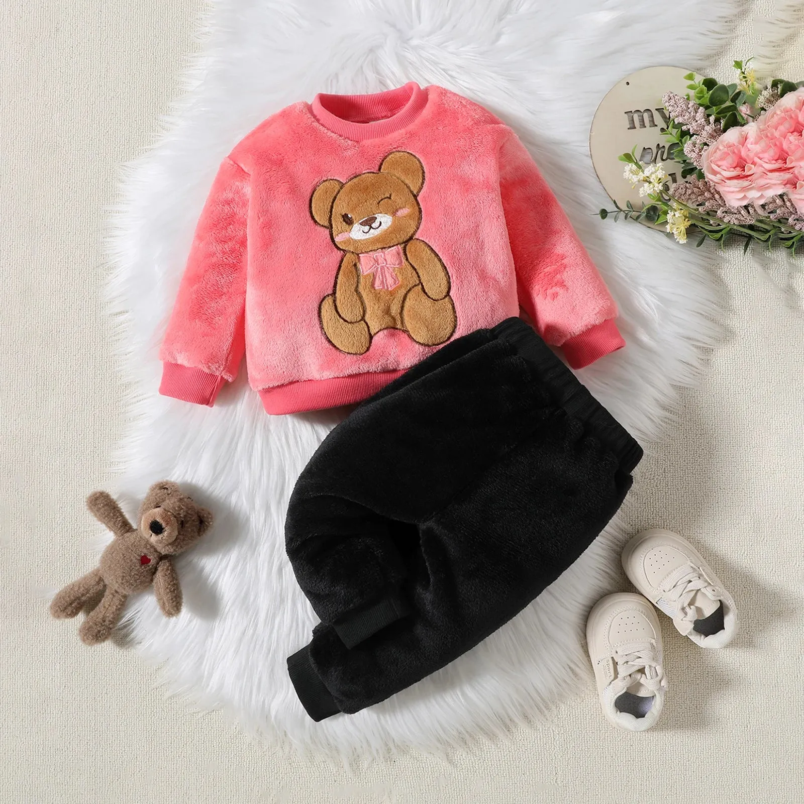 2PCS Baby Warm Coral Plush Teddy Bear Design Clothing Set