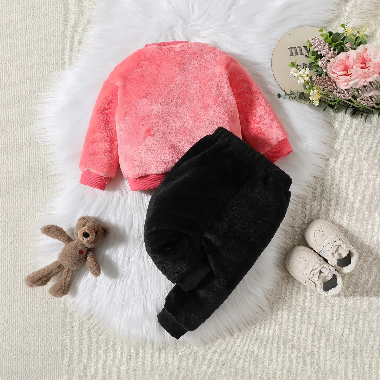 2PCS Baby Warm Coral Plush Teddy Bear Design Clothing Set