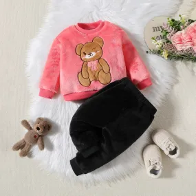 2PCS Baby Warm Coral Plush Teddy Bear Design Clothing Set