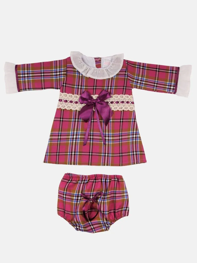 Baby Girl Luxury Tartan Frilly Dress with Bow and Knickers - Lilac with Purple Bow