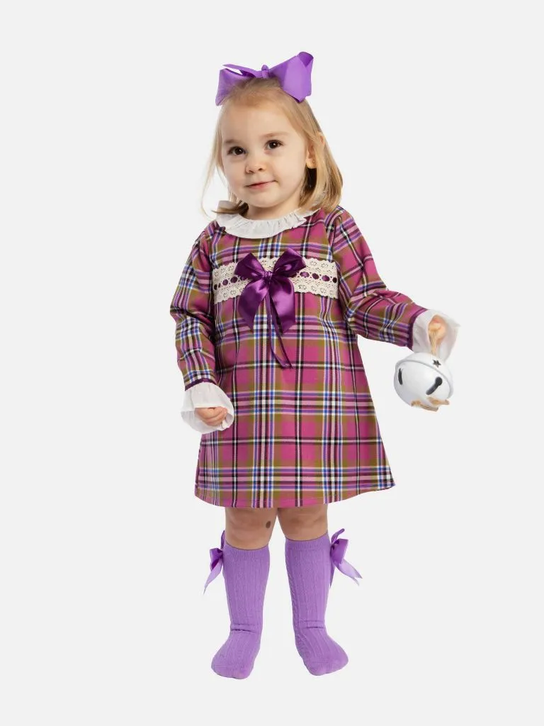 Baby Girl Luxury Tartan Frilly Dress with Bow and Knickers - Lilac with Purple Bow