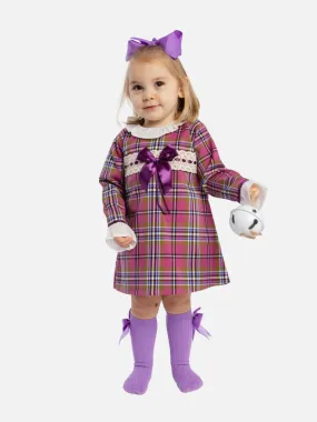 Baby Girl Luxury Tartan Frilly Dress with Bow and Knickers - Lilac with Purple Bow