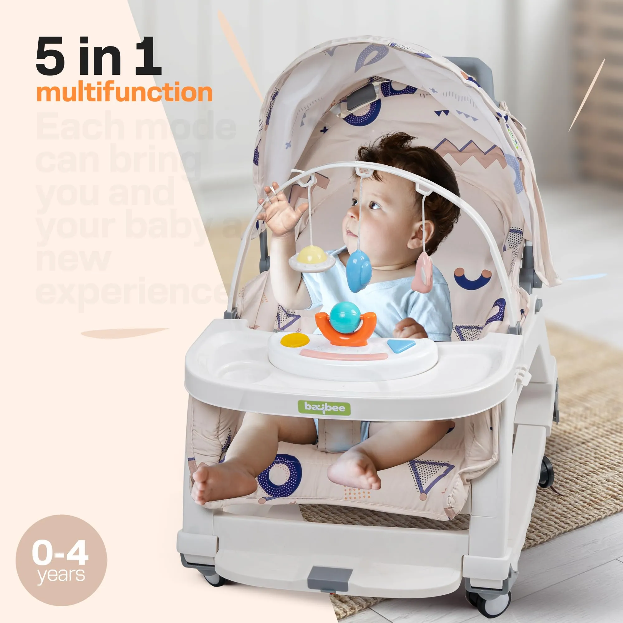 Baybee 5 in 1 Baby Rocker and Booster Seat for Babies with Multi Position Recline | Rocking Chair for Kids with Hanging Toys, Music | Baby Dining Seat for 0 to 2 Years Boys Girls (Grey)