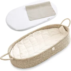 BeBe Bask: Handmade Seagrass Baby Changing Basket – Luxury Leaf Liner with Waterproof Bamboo Pad & Vegan Leather Mat