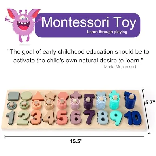 BEKILOLE Wooden Montessori Toys for Kids Toddler Number Puzzles Sorter Counting Shape Stacker Stacking Game Preschool Toys for Boy Girl Learning Education Math Blocks Boy & Girl Gifts and Beyond