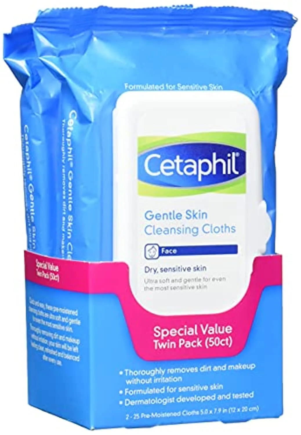 Cetaphil Face and Body Wipes, Gentle Skin Cleansing Cloths, 50 Count, Twin Pack, for Dry, Sensitive Skin, Flip Top Closure, Great for the Gym,Travel, in the Car, Hypoallergenic, Fragrance Free