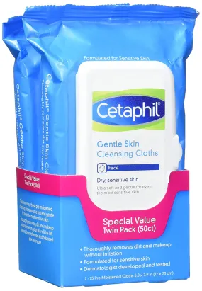 Cetaphil Face and Body Wipes, Gentle Skin Cleansing Cloths, 50 Count, Twin Pack, for Dry, Sensitive Skin, Flip Top Closure, Great for the Gym,Travel, in the Car, Hypoallergenic, Fragrance Free