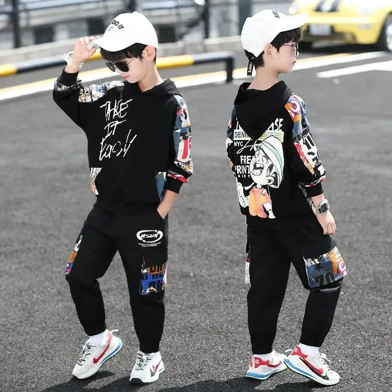 Clothing Sets Hip Hop Boy Anime Suit Teenager Children Korean GRAFFITI Hooded Cotton Sweater   Pants12-13Y S3931612