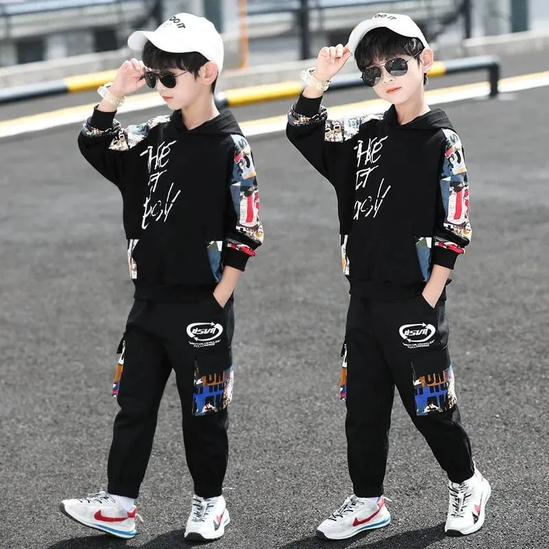 Clothing Sets Hip Hop Boy Anime Suit Teenager Children Korean GRAFFITI Hooded Cotton Sweater   Pants12-13Y S3931612