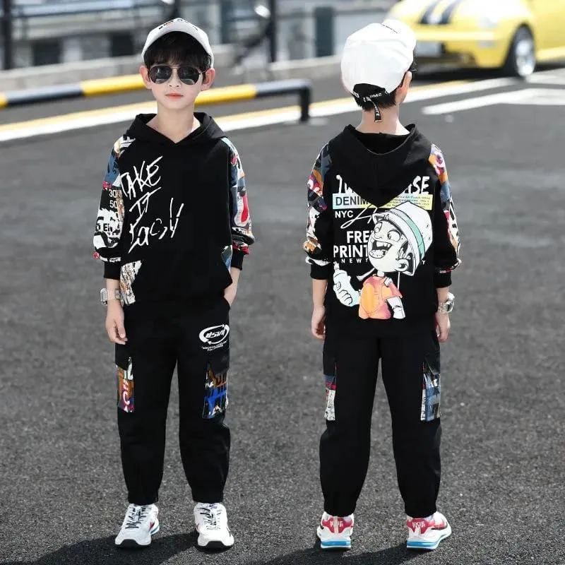 Clothing Sets Hip Hop Boy Anime Suit Teenager Children Korean GRAFFITI Hooded Cotton Sweater   Pants12-13Y S3931612