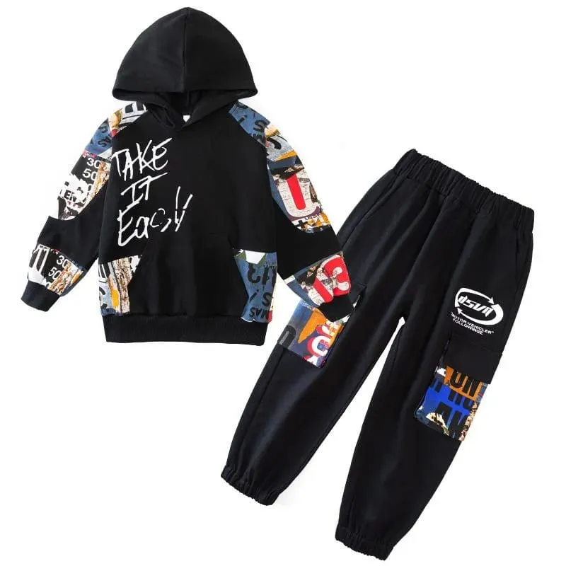 Clothing Sets Hip Hop Boy Anime Suit Teenager Children Korean GRAFFITI Hooded Cotton Sweater   Pants12-13Y S3931612