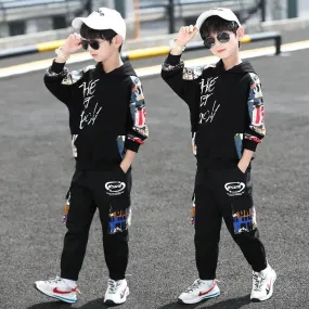 Clothing Sets Hip Hop Boy Anime Suit Teenager Children Korean GRAFFITI Hooded Cotton Sweater   Pants12-13Y S3931612