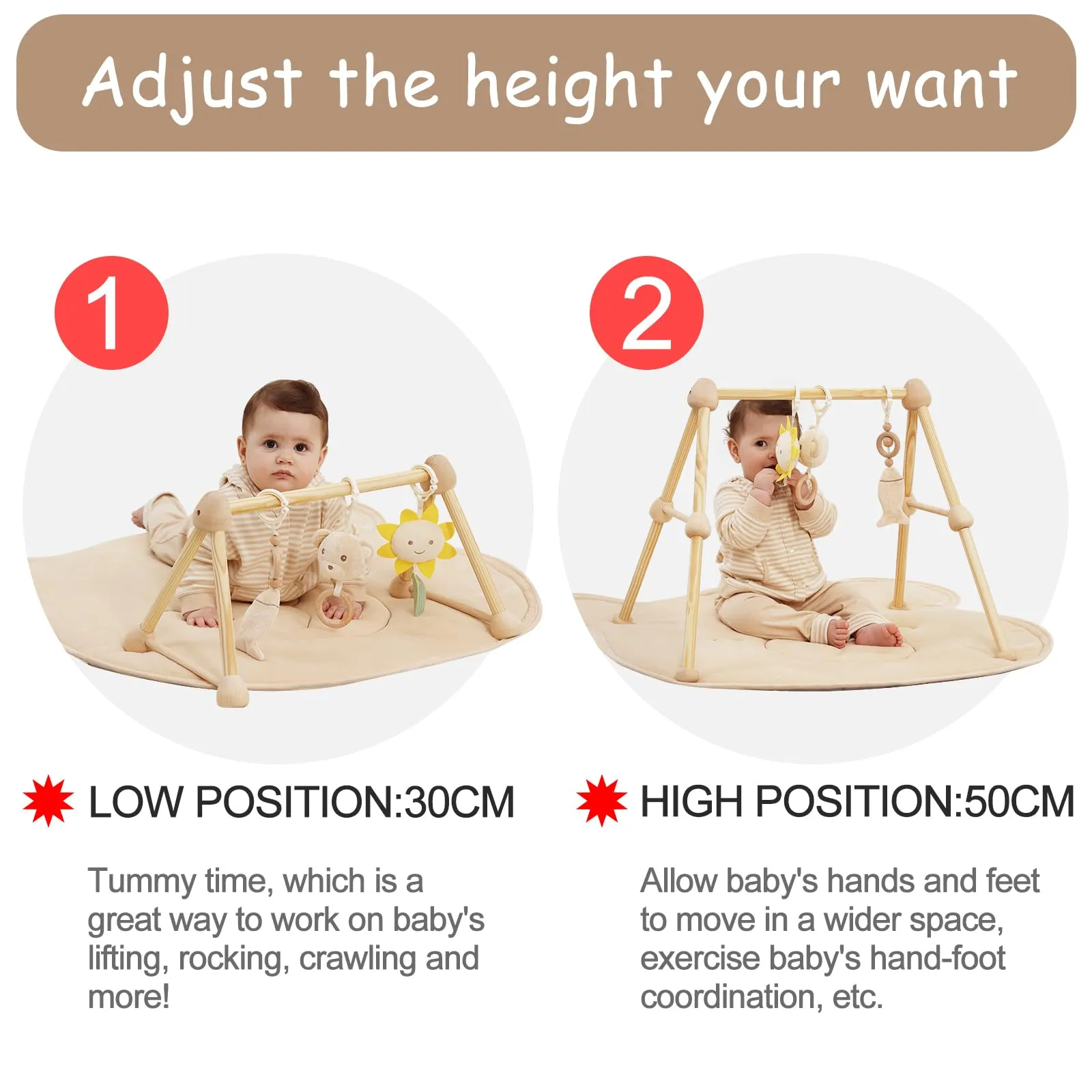 Cottonbee: 4-in-1 Organic Wooden Baby Gym with Cotton Play Mat & Sensory Toys for 0-36 Months