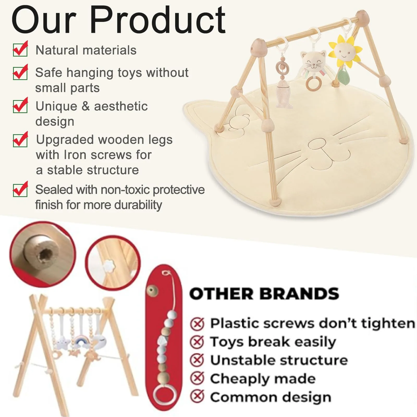 Cottonbee: 4-in-1 Organic Wooden Baby Gym with Cotton Play Mat & Sensory Toys for 0-36 Months