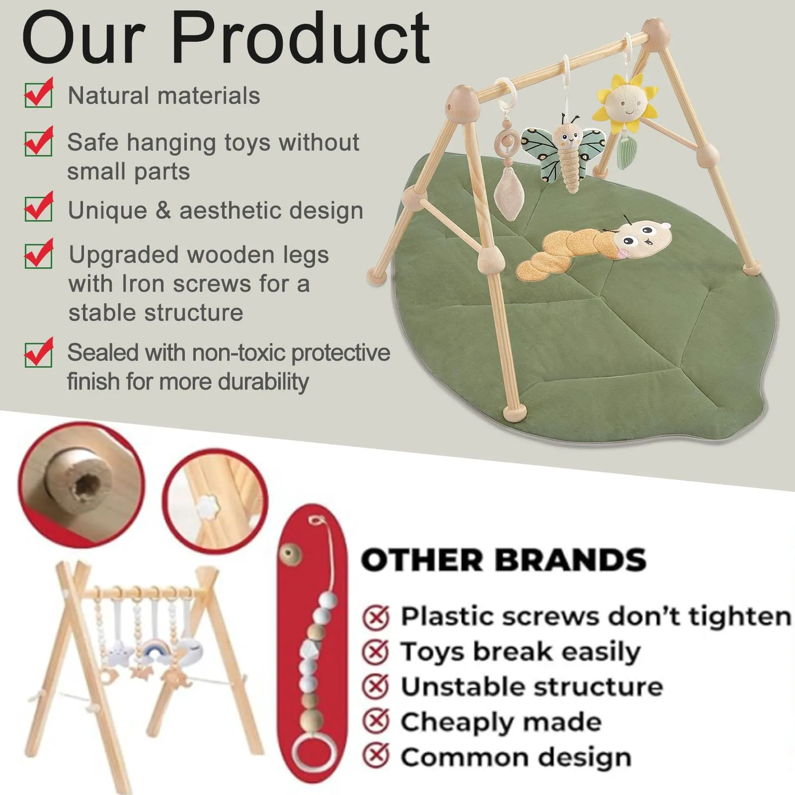 Cottonbee: 4-in-1 Organic Wooden Baby Gym with Cotton Play Mat & Sensory Toys for 0-36 Months