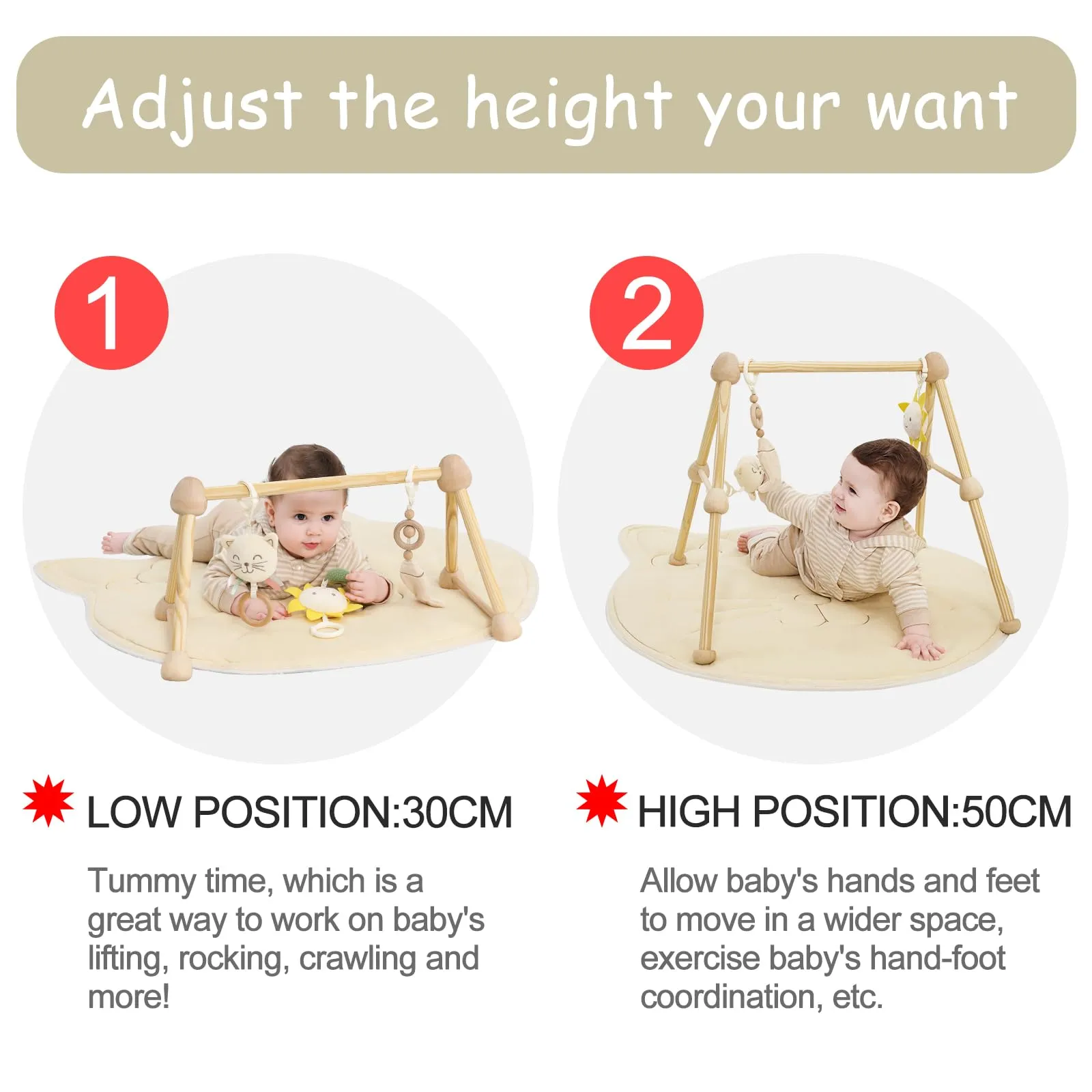 Cottonbee: 4-in-1 Organic Wooden Baby Gym with Cotton Play Mat & Sensory Toys for 0-36 Months