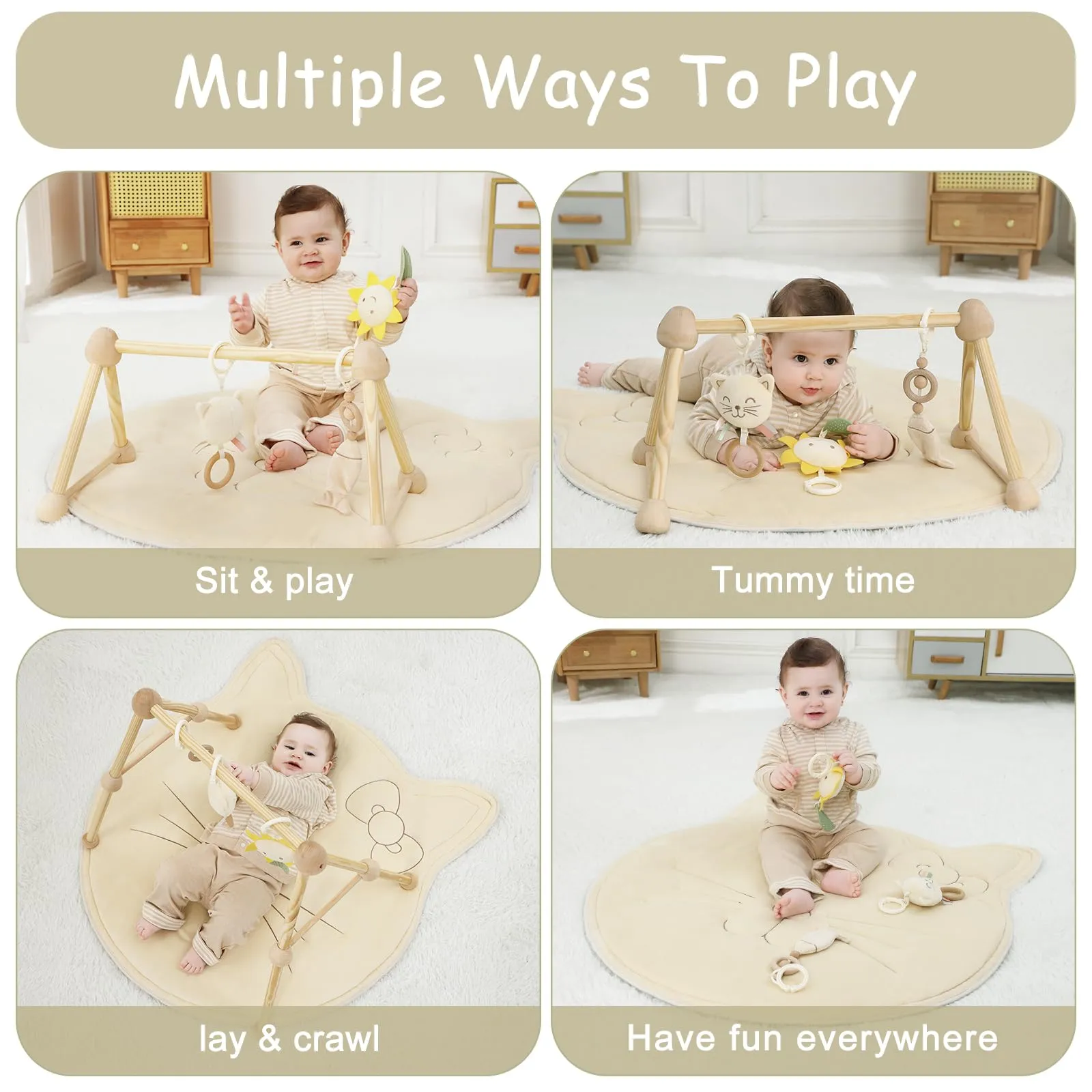 Cottonbee: 4-in-1 Organic Wooden Baby Gym with Cotton Play Mat & Sensory Toys for 0-36 Months