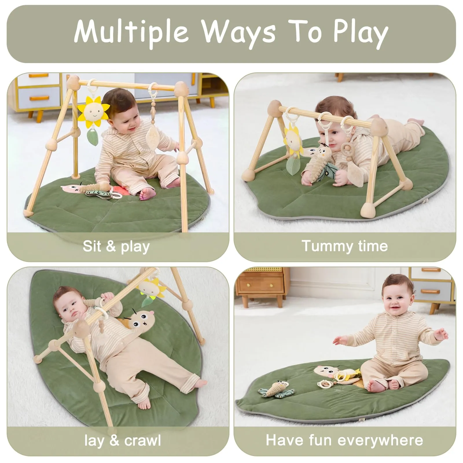 Cottonbee: 4-in-1 Organic Wooden Baby Gym with Cotton Play Mat & Sensory Toys for 0-36 Months