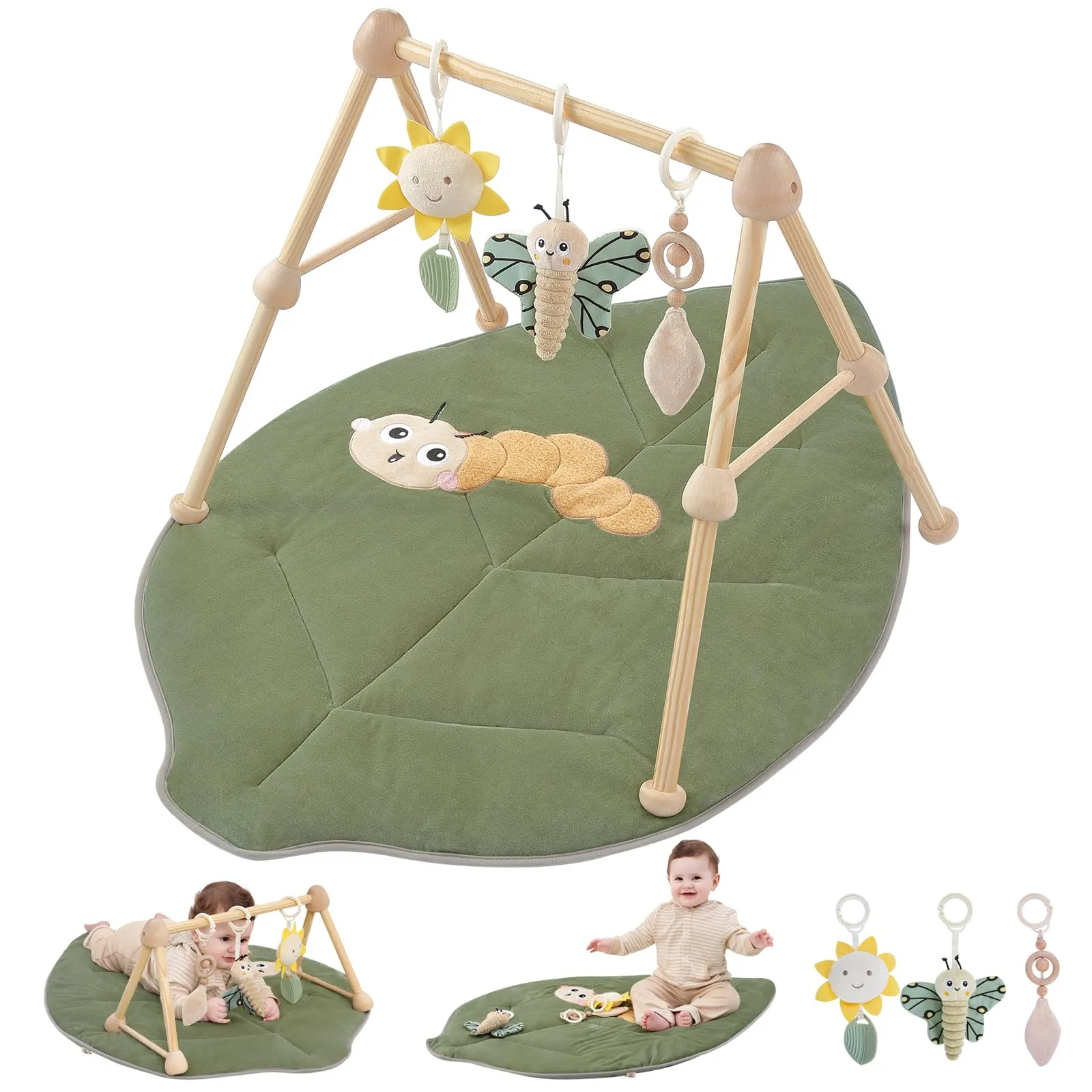 Cottonbee: 4-in-1 Organic Wooden Baby Gym with Cotton Play Mat & Sensory Toys for 0-36 Months