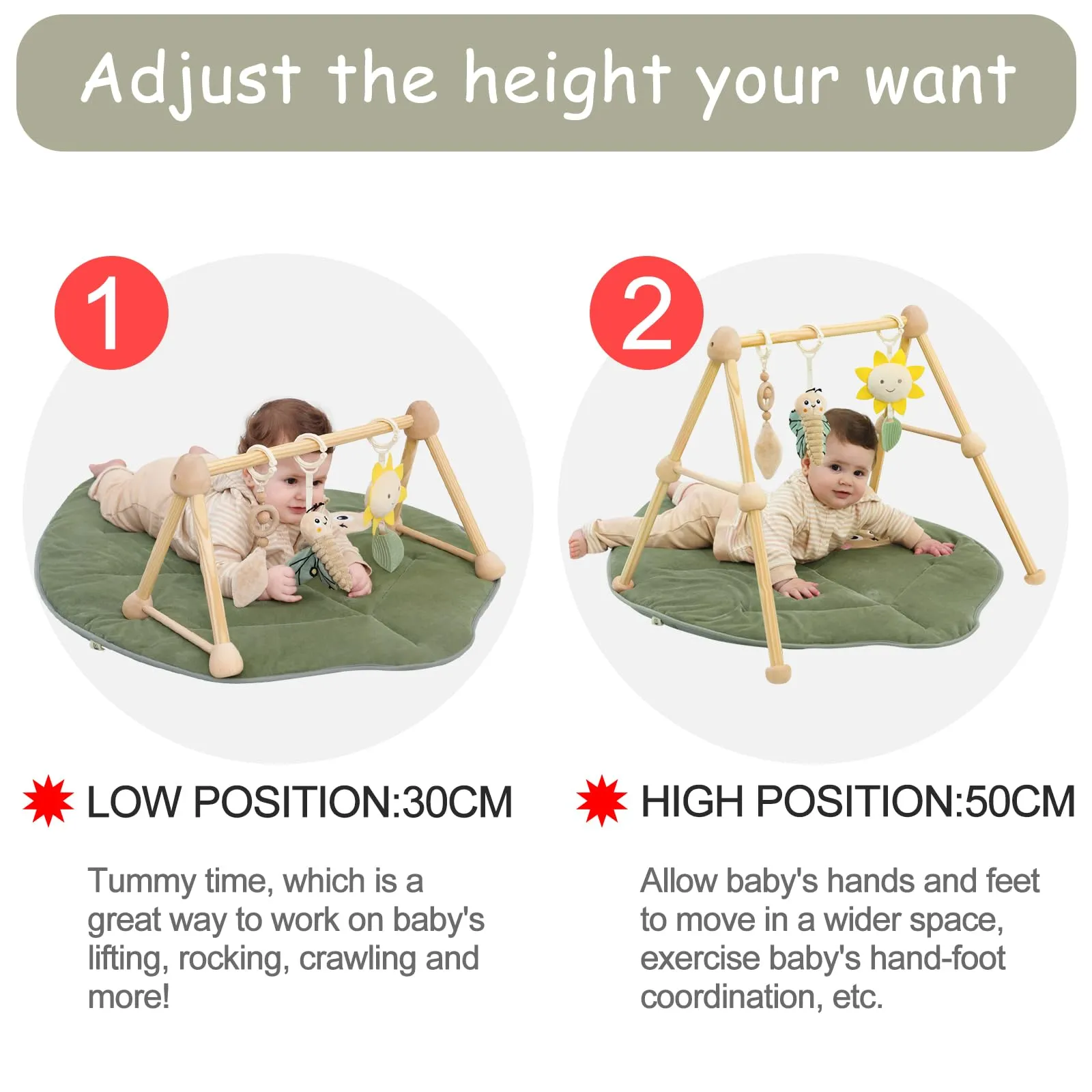 Cottonbee: 4-in-1 Organic Wooden Baby Gym with Cotton Play Mat & Sensory Toys for 0-36 Months