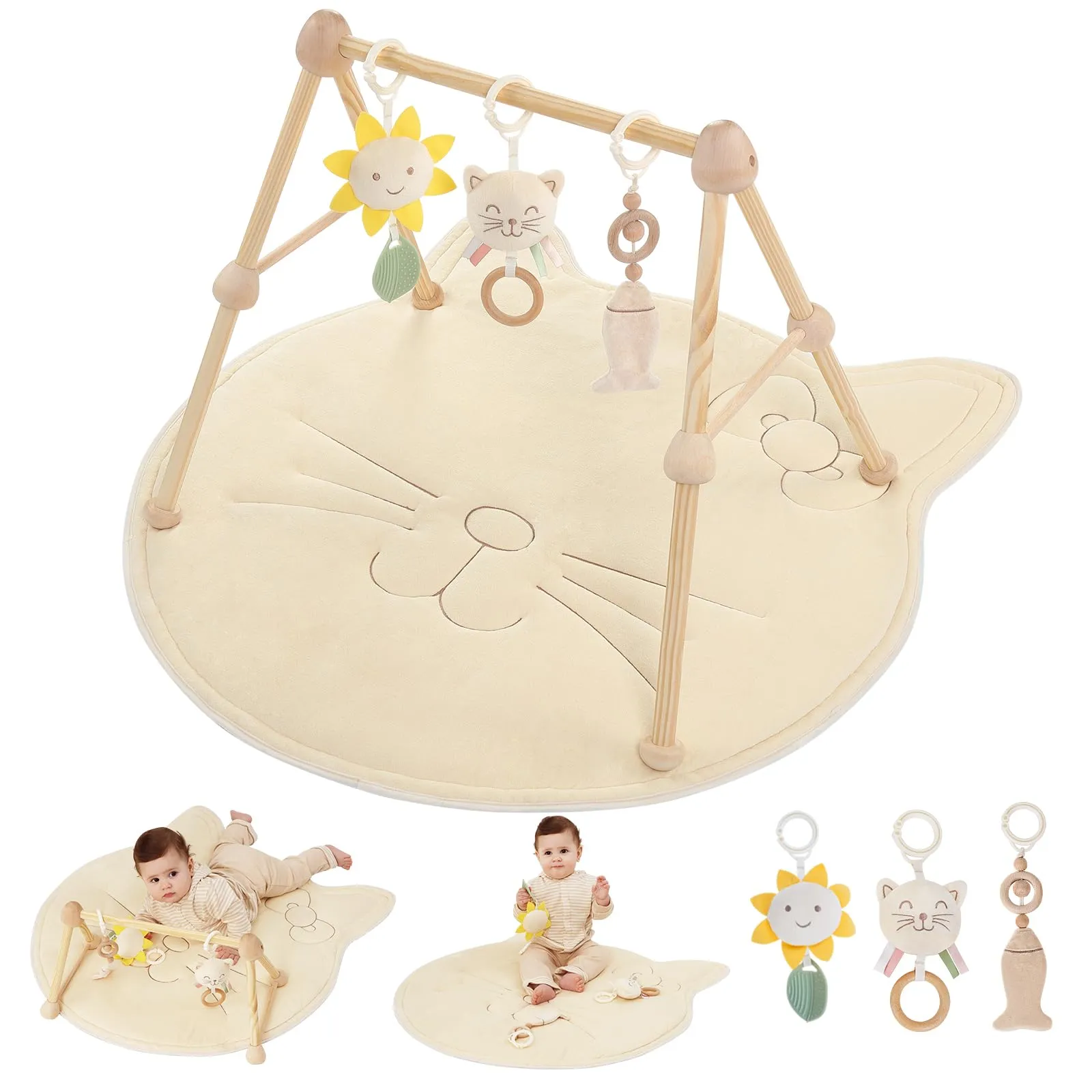 Cottonbee: 4-in-1 Organic Wooden Baby Gym with Cotton Play Mat & Sensory Toys for 0-36 Months