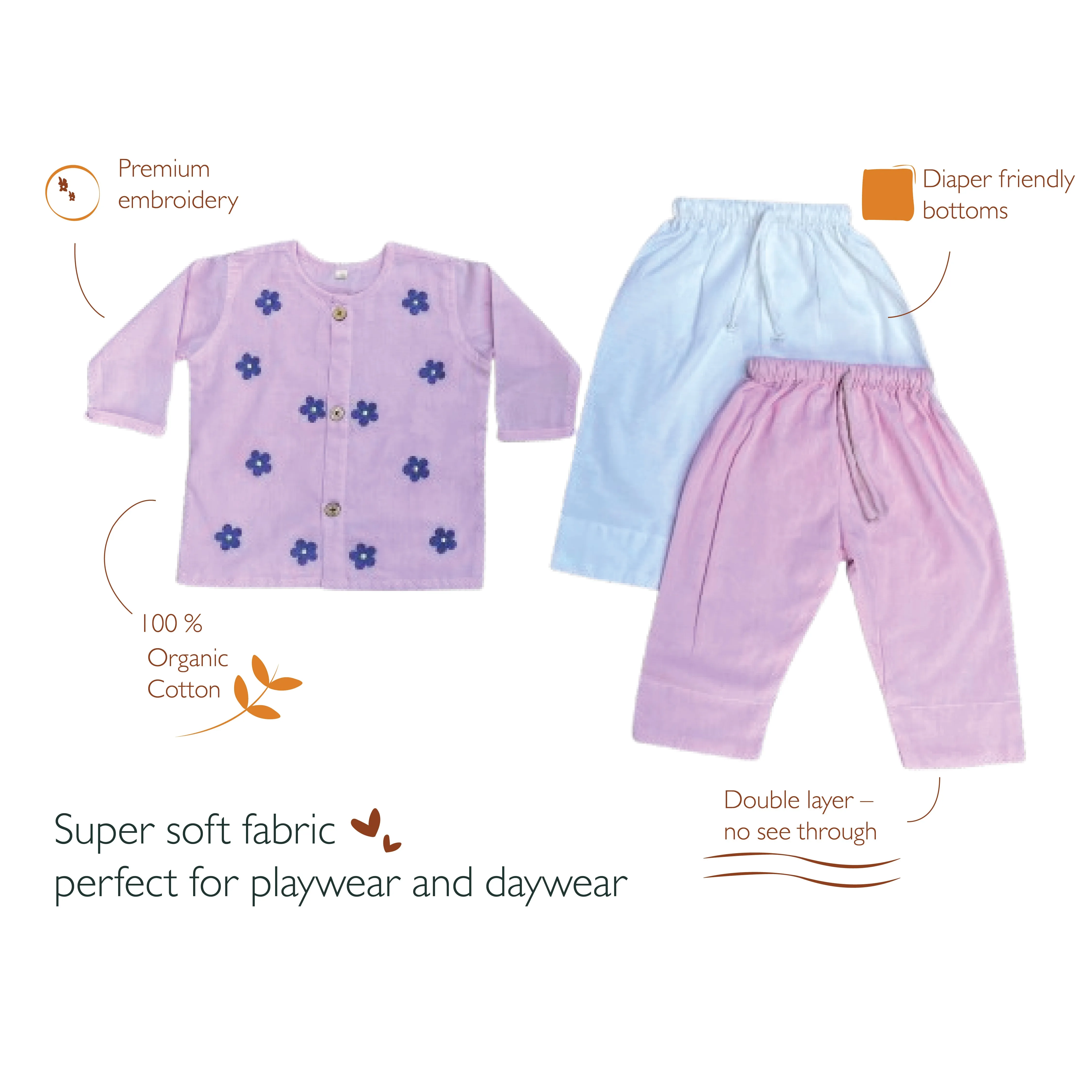 Daisy - Organic Cotton Full Sleeves Jhabla with Two Pyjamas