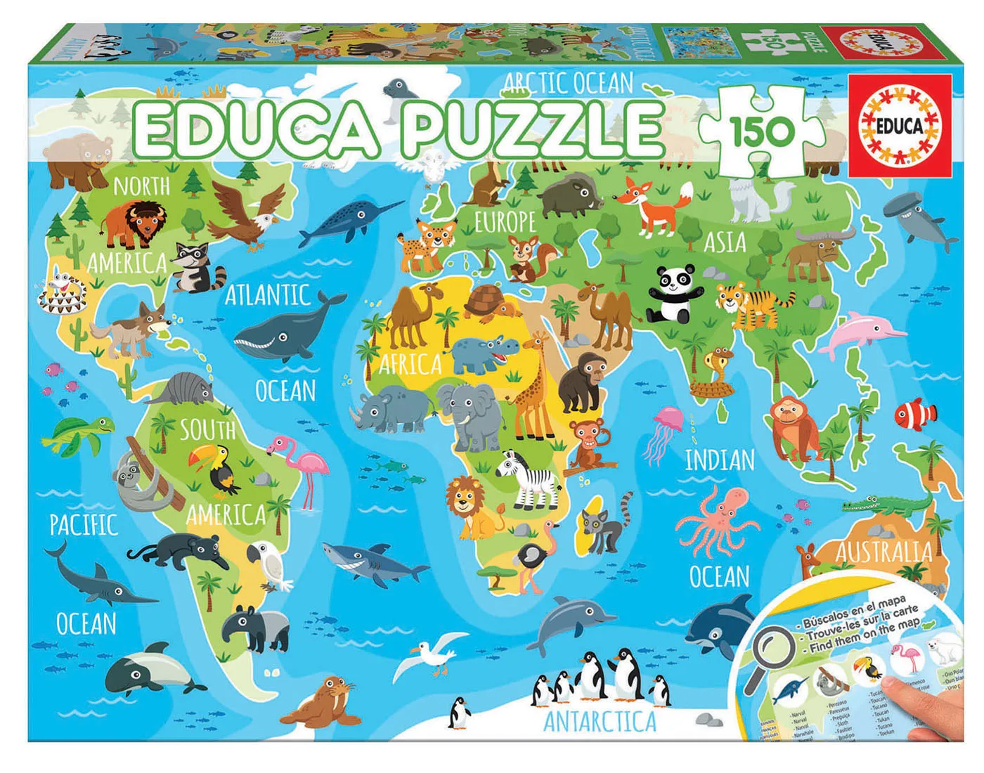 Educa Puzzles - 150 Animals World Map - Suitable for 3 years and above
