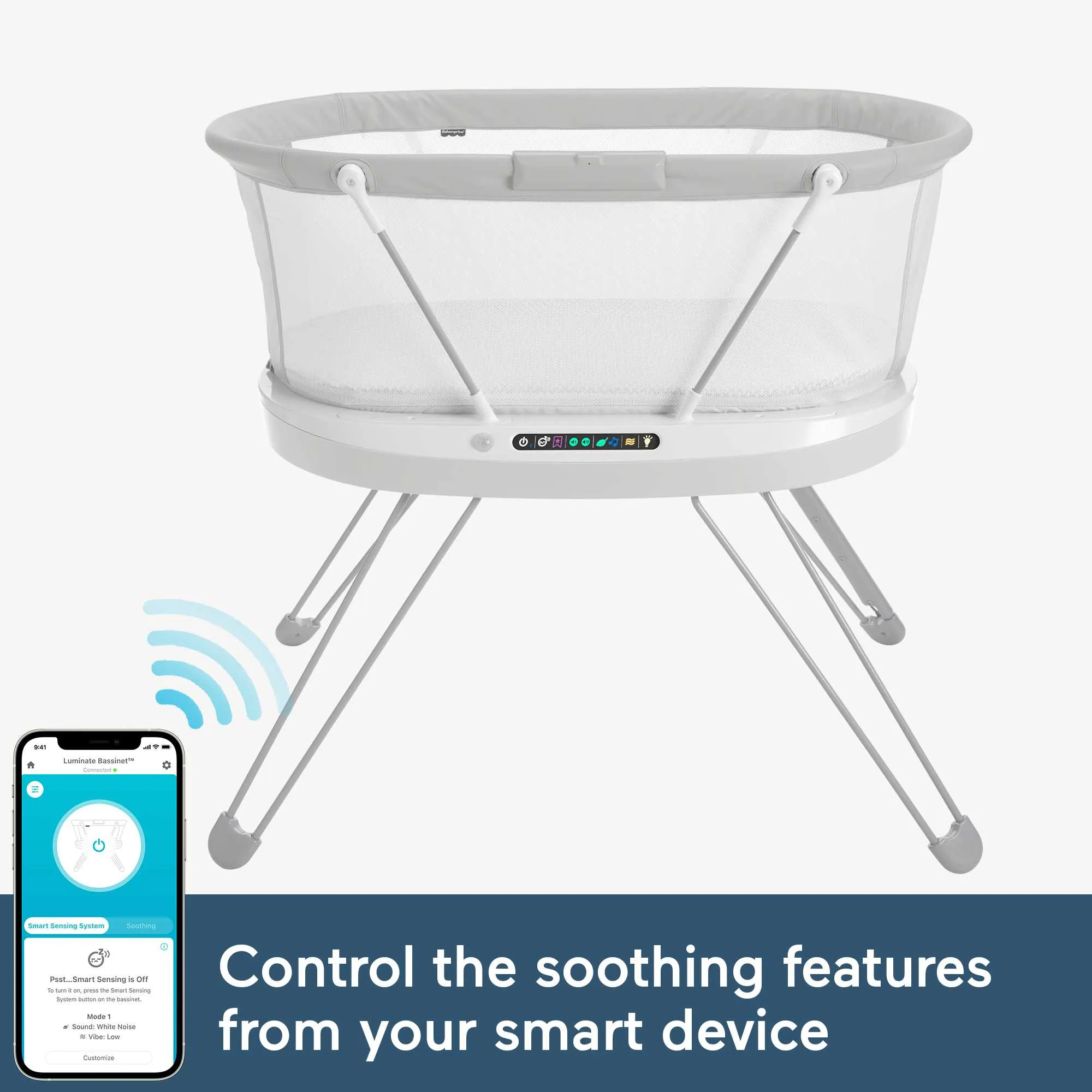 Fisher-Price Baby Bassinet With Sound Detection, Lights, Music And Sounds, Luminate