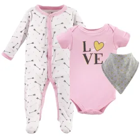 Hudson Baby Cotton Sleep and Play, Bodysuit and Bandana Bib Set, Love