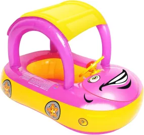 iGeeKid Inflatable Baby Pool Float with Canopy Safty Seat for Infant Baby Swim Float Rings Car Shaped Swimming Pool Floaties for Baby Toddler Age of 6-36 Months (Pink)