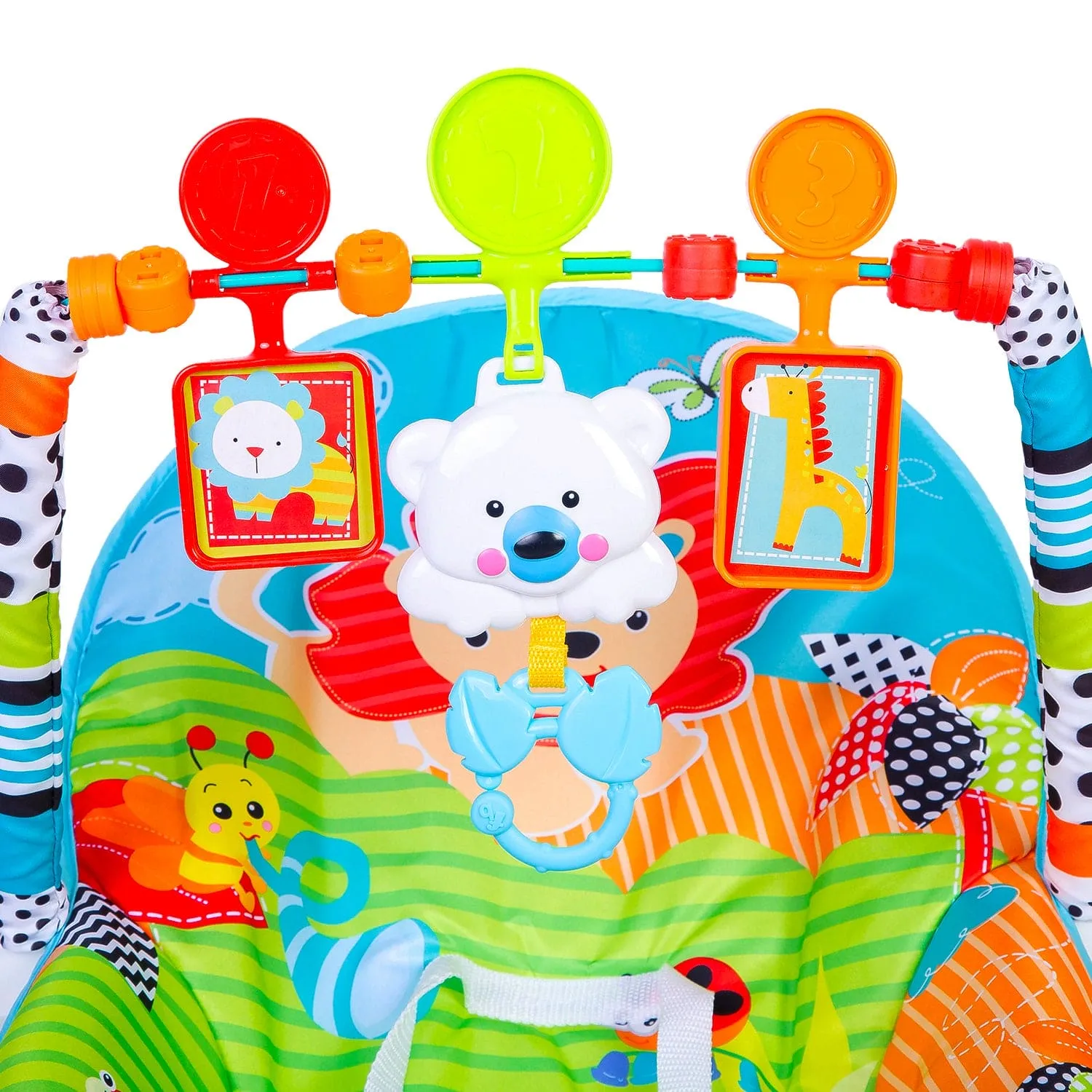 Infant To Toddler Happy Baby Bouncer With Hanging Toys Blue And Green