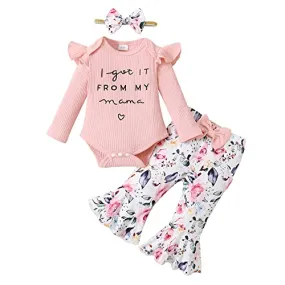 Newborn Baby Girl Clothes 0-3 Months Spring Outfits Infant Romper Ruffle Long Sleeve Shirt Flower Bell Bottom Clothing Set