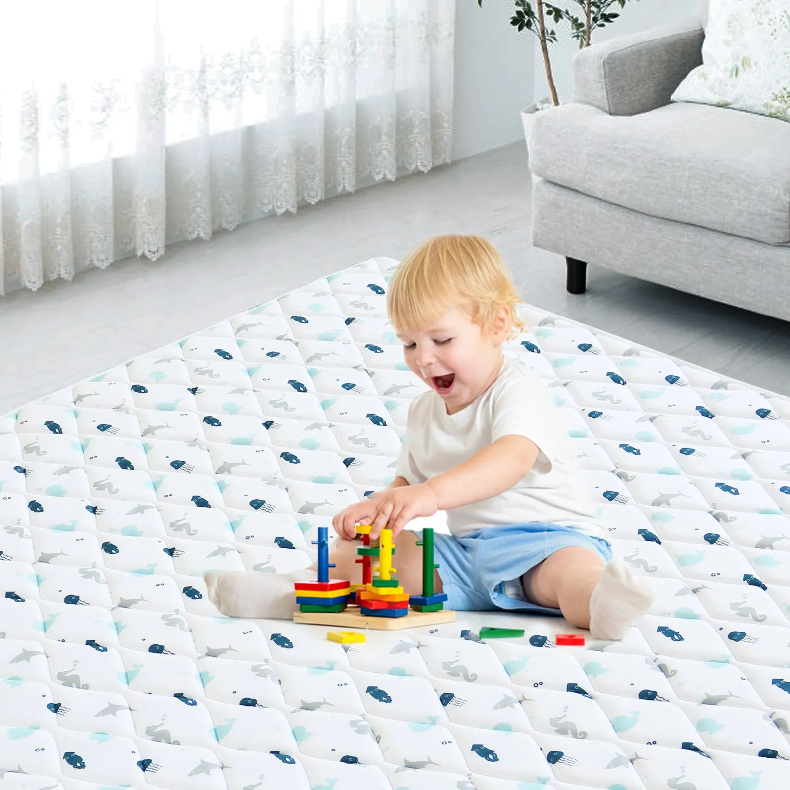 Premium Foam Baby Play Mat | Playpen Mat - Square 59'' x 59'', Thicker and Non-Toxic Crawling Mat for Infant & Toddler, White Ocean