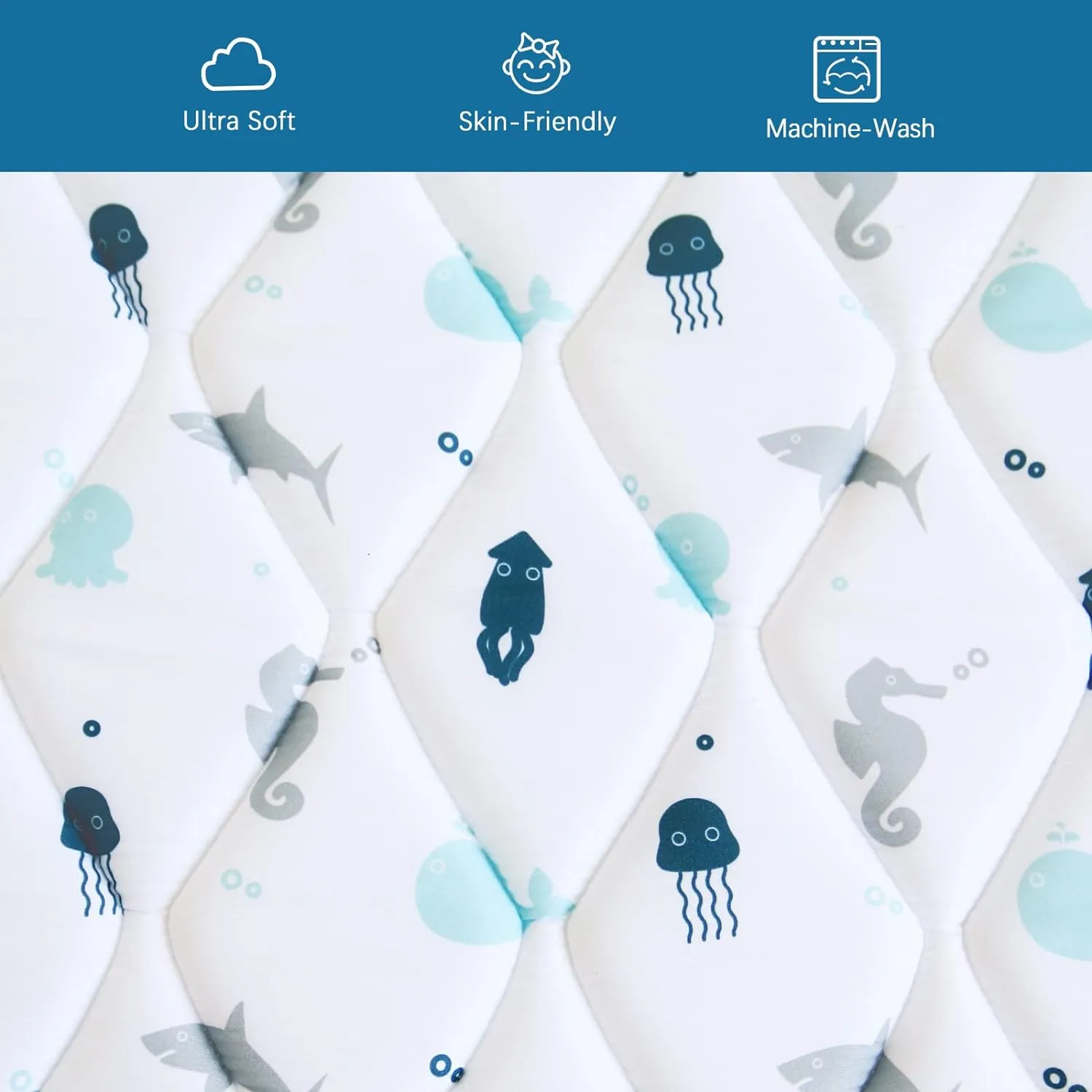 Premium Foam Baby Play Mat | Playpen Mat - Square 59'' x 59'', Thicker and Non-Toxic Crawling Mat for Infant & Toddler, White Ocean