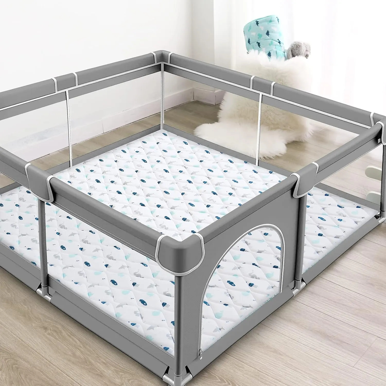 Premium Foam Baby Play Mat | Playpen Mat - Square 59'' x 59'', Thicker and Non-Toxic Crawling Mat for Infant & Toddler, White Ocean