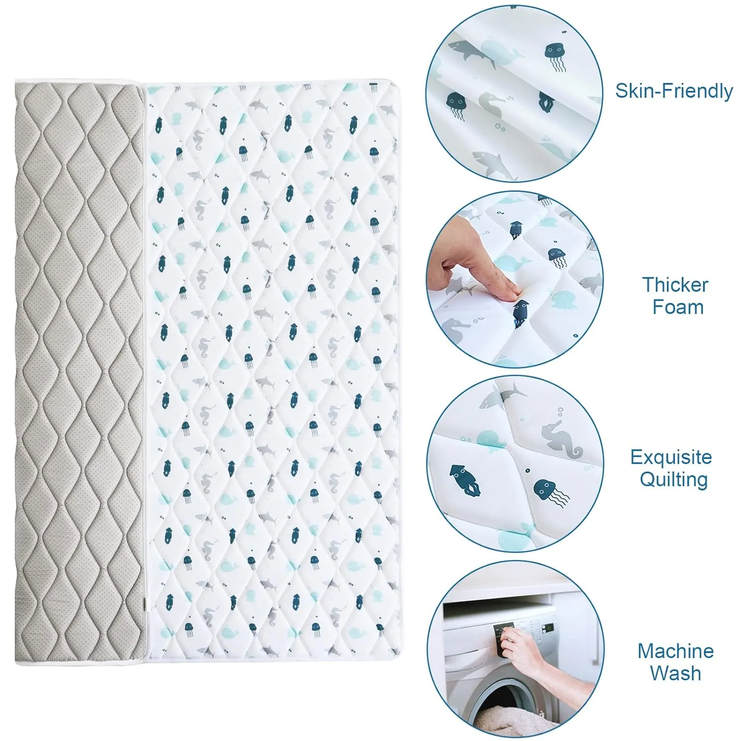 Premium Foam Baby Play Mat | Playpen Mat - Square 59'' x 59'', Thicker and Non-Toxic Crawling Mat for Infant & Toddler, White Ocean