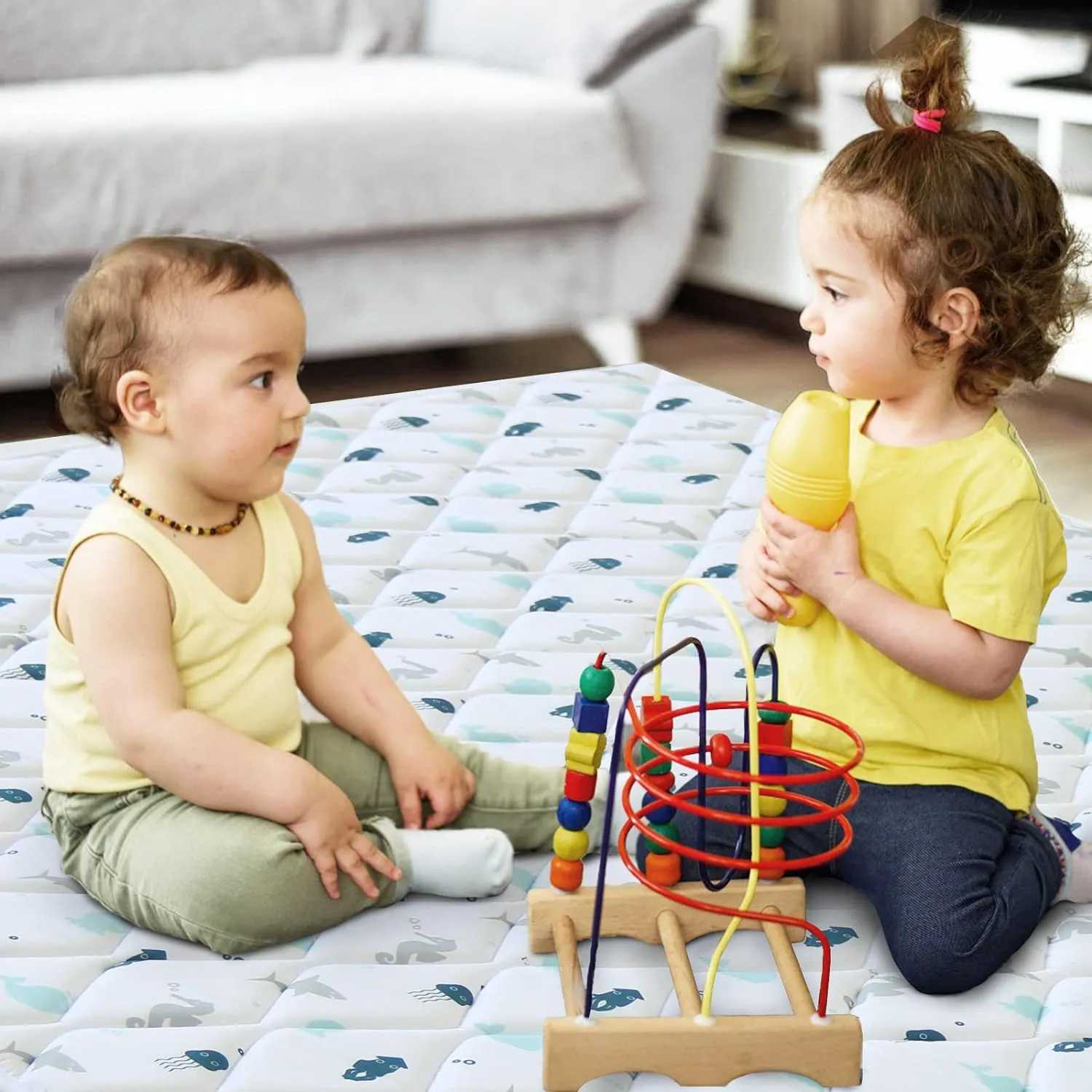 Premium Foam Baby Play Mat | Playpen Mat - Square 59'' x 59'', Thicker and Non-Toxic Crawling Mat for Infant & Toddler, White Ocean