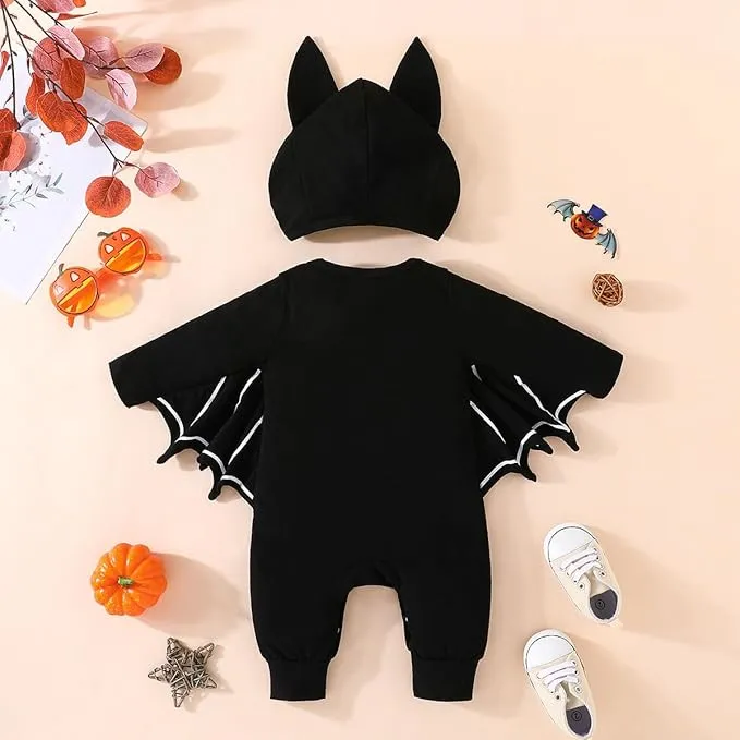 PythJooh Baby Boy Girl My 1st Halloween Outfits Unisex Baby One-piece Long Sleeve Bat Romper Jumpsuit with Hat Clothing Set for 0-18Months