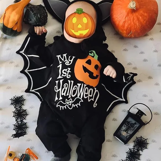 PythJooh Baby Boy Girl My 1st Halloween Outfits Unisex Baby One-piece Long Sleeve Bat Romper Jumpsuit with Hat Clothing Set for 0-18Months