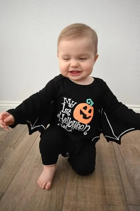 PythJooh Baby Boy Girl My 1st Halloween Outfits Unisex Baby One-piece Long Sleeve Bat Romper Jumpsuit with Hat Clothing Set for 0-18Months