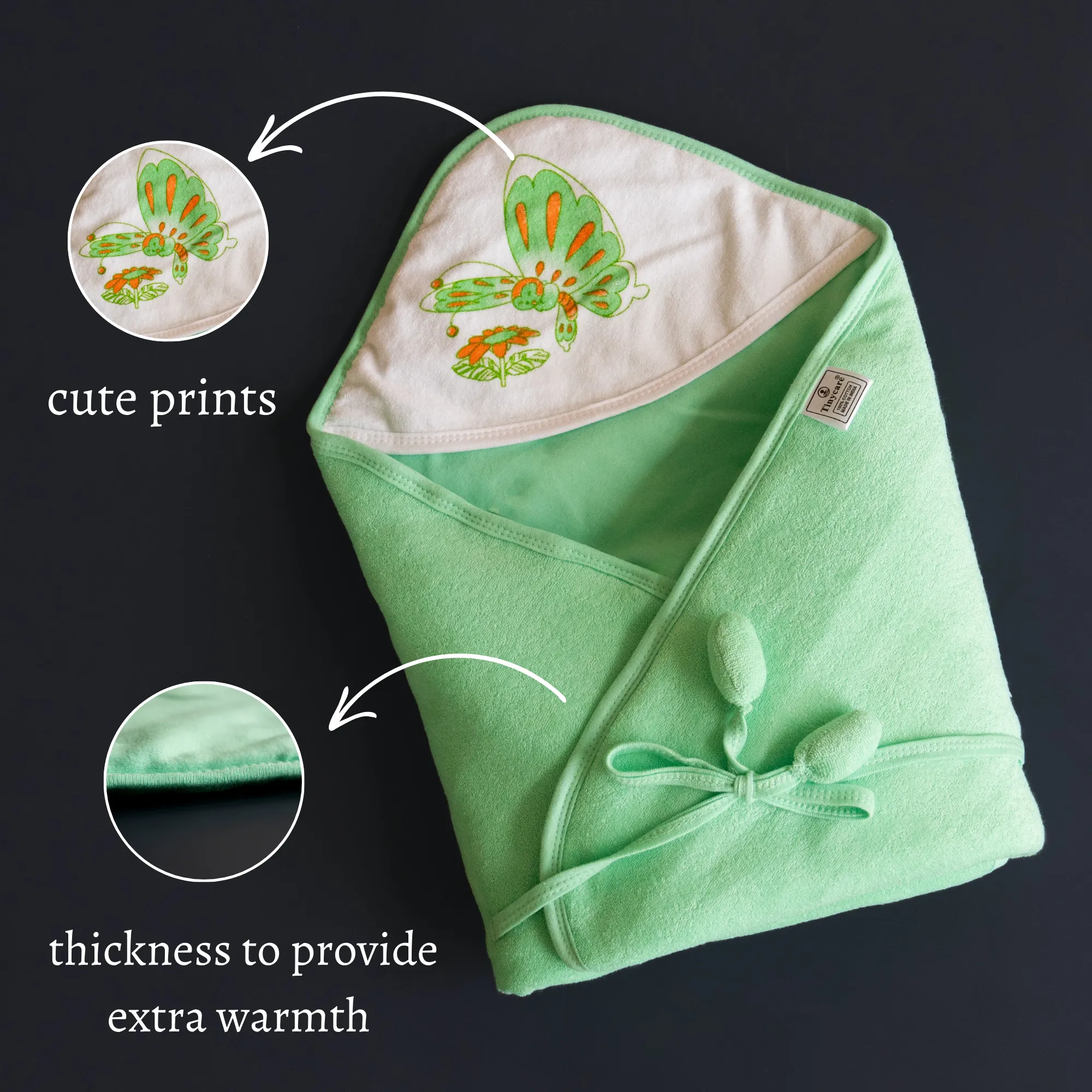 Tinycare Parachute Print Plain Hooded Terry Baby Wrapper