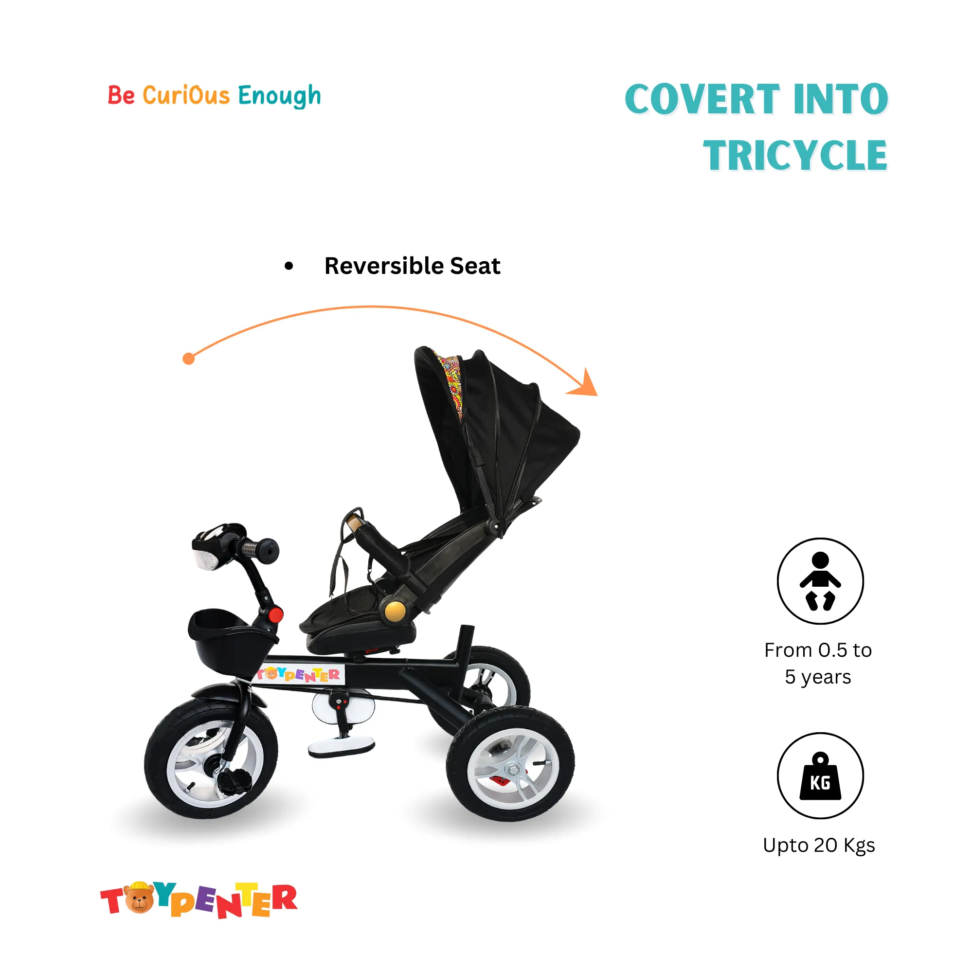 TOYPENTER 3 in 1 Baby Stroller/Kids Tricycle with Removable Canopy, Parental Adjust Push Handle for Kids | Boys | Girls Age 0 Months - 5 Years